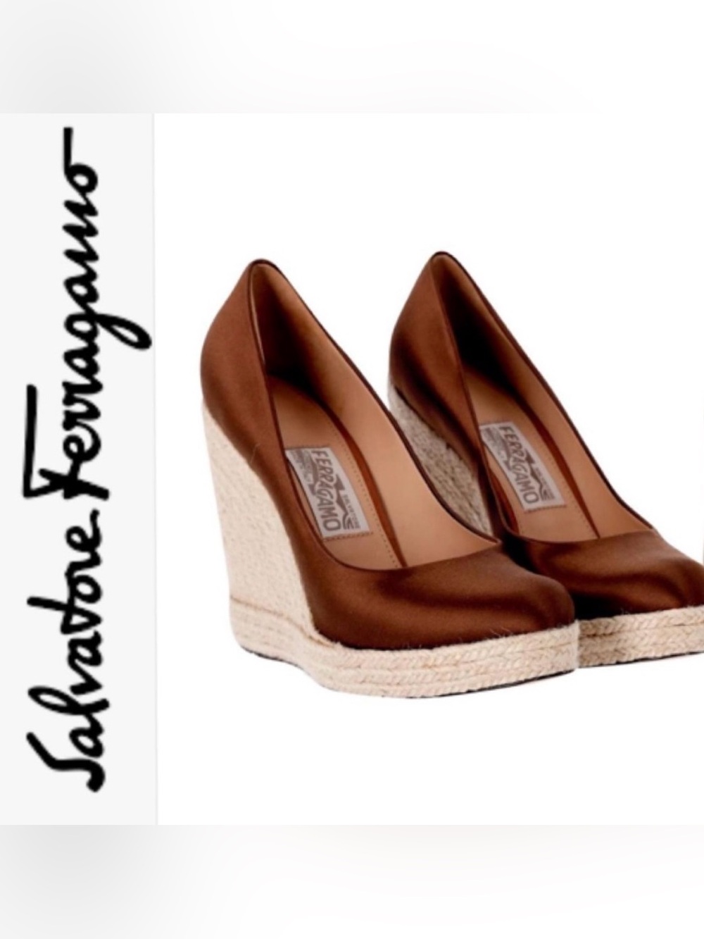 Salvatore Ferragamo Chocolate Brown Satin Espadrille Wedge Pumps